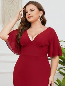 Vestido de manga mariposa de muslo con abertura de gasa - Burdeos - Ver 6