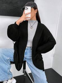 Flirla Hơn Thả vai Áo len Duster - màu đen - Xem 5