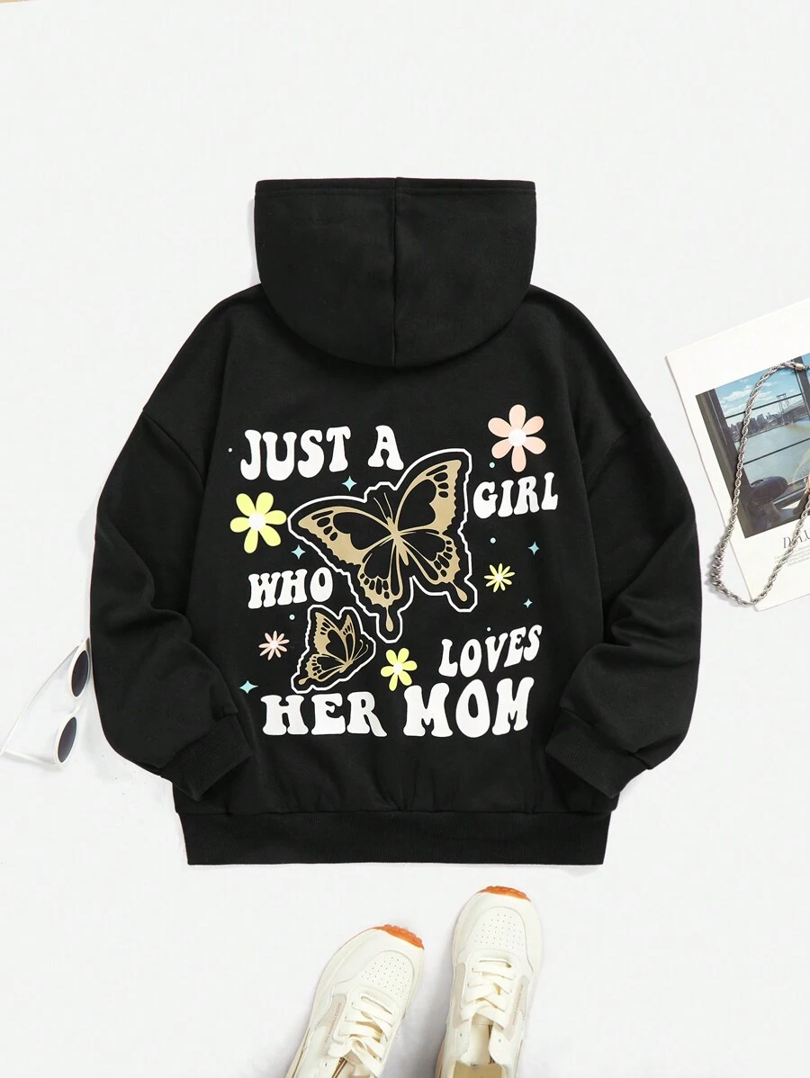 Áo nỉ in hình bướm và khẩu hiệu dành cho thiếu nữ - màu đen - Xem 1