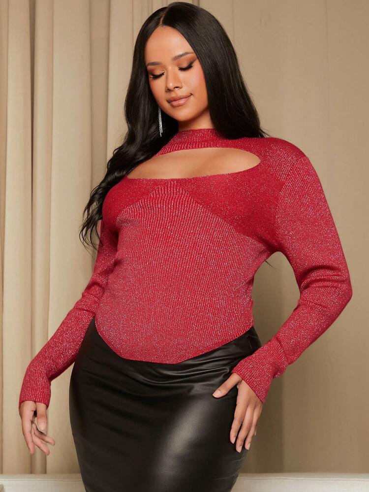 Plus Cut Out Front Mock Neck Glitter Sweater