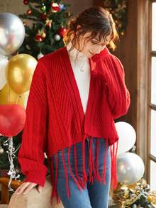 Knit Mix Fringe Hem Thả vai Áo len Mở - Đỏ - Xem 6