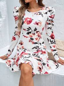 SHEIN VCAY Floral Print Gigot Sleeve Ruffle Hem Dress - Multicolor - View 1