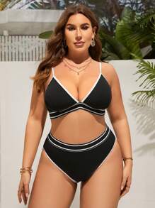 SHEIN Swim Curve Summer Beach Plus Contrast Binding Bikini Set - Black - View 3