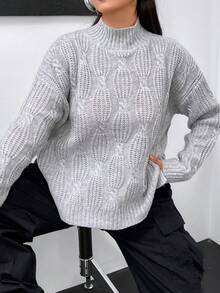 Flirla 大碼小高領落肩袖下擺開叉套頭毛衣 - 灰色 - 查看 3