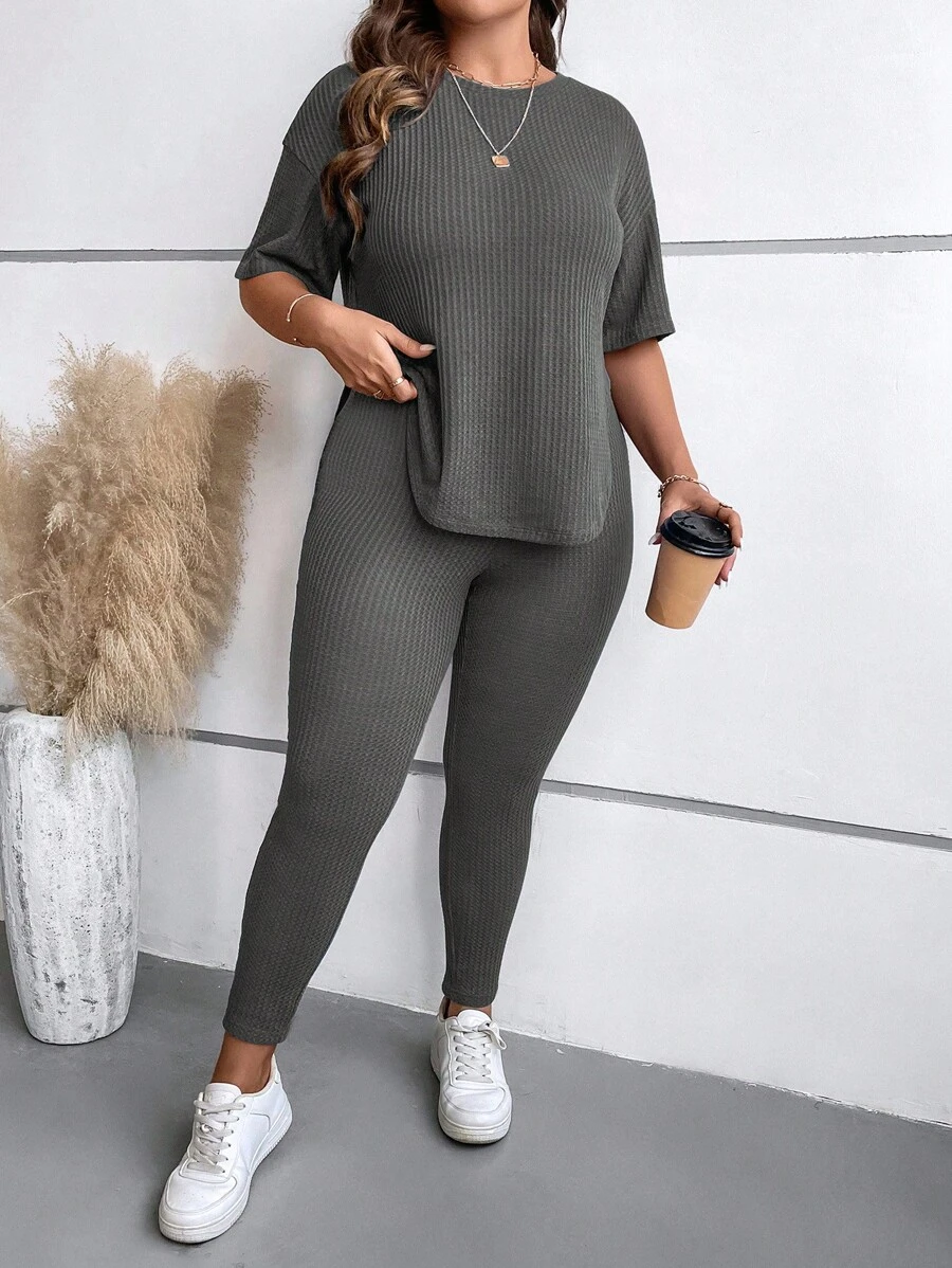 SHEIN LUNE Plus Drop Shoulder Split Hem Tee & Leggings - Dark Grey - View 1