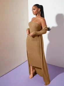 SHEIN SXY Solid Tube Bodycon Dress - Camel - View 3
