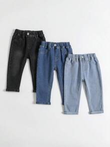 SHEIN 3入組寶寶男童實色牛仔褲，具有斜口袋 - 彩色 - 查看 1