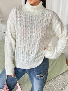Flirla Plus Turtleneck Drop Shoulder Cable Knit Sweater Knit Pullover Fall Winter Outfit