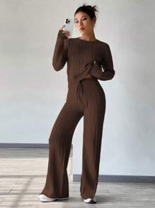 Flirla Solid Sweater & Drawstring Waist Knit Pants