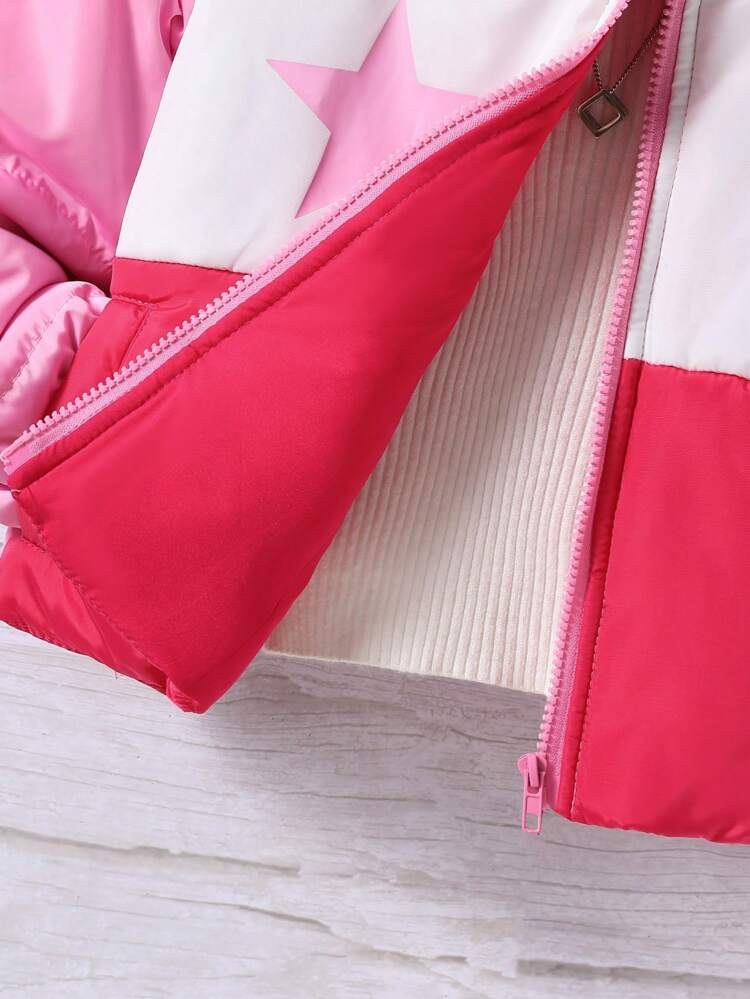 Tween Girl 1pc Star Print Colorblock Hooded Padded Coat