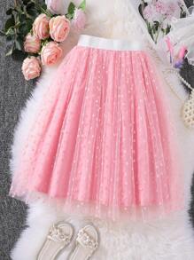 Tween Girl Contrast Waist Heart Mesh Skirt Summer Holiday - Pink - View 3