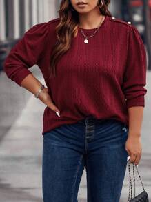 Calvaya Plus Button Detail Puff Sleeve Tee - Burgundy - View 4
