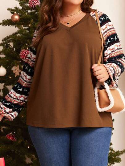 EMERY ROSE Talla grande Sudadera con estampado geométrico de manga raglán