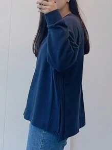 Dazy Petite Plus Chất rắn Tay Raglan Viền chia cắt Áo chui đầu - Màu xanh lam - Xem 2