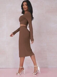 EURMUSE Solid Crop Tee & Split Thigh Skirt - Brown - View 4