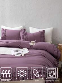 纯紫色乡村风床上用品套装，紫色花卉荷叶边被套套装，提供单人床、双人床、大号双人床、特大号双人床尺寸，波西米亚复古时尚床上用品套装，三件套，超柔软透气轻盈的超细纤维被套，1 个拉链被套，2 个枕套，不含被芯，男女皆宜，非常适合学生使用