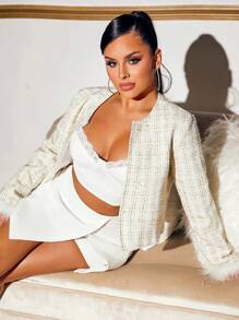 SHEIN SXY 格紋圖案毛茸茸袖口開門襟粗花呢花呢外套 - 彩色 - 查看 3