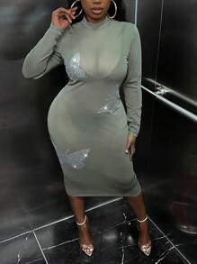 Slaydiva Plus Rhinestone Butterfly Pattern Mock Neck Bodycon Dress Without Lingerie Set - Army Green - View 1