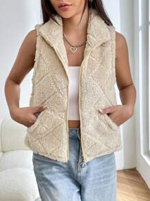 SHEIN EZwear 拉鏈開襟絨毛夾克背心 - 杏色 - 查看 3