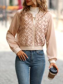 SHEIN LUNE 素色拉鏈開襟飛行員夾克 - 杏色 - 查看 5