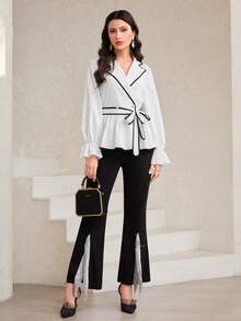 Modelyn 撞色滾邊喇叭袖腰帶襯衫 - 白色 - 查看 5