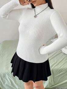 Flirla 大碼素色高領條紋針織套頭毛衣 - 白色 - 查看 4