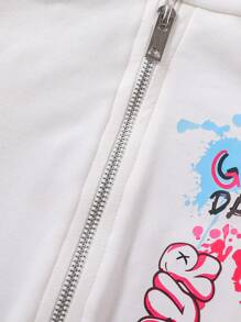 SHEIN 女小童字母圖案拉鏈連帽衫和運動褲 - 白色 - 查看 8