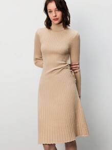 SHEIN Frenchy Mock Neck Ribbed Knit Sweater Dress Winter Brown Casual - Khaki - View 5