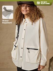 In My Nature Zip Detail Patched Pocket Drop Shoulder Oversized Outdoor Shirt - Beige - View 1