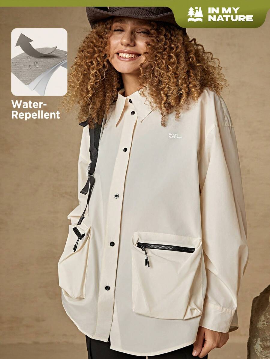 In My Nature Zip Detail Patched Pocket Drop Shoulder Oversized Outdoor Shirt - Beige - View 1