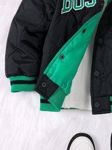 SHEIN Young Boy 1pc Embroidery Letter Pattern Striped Trim Hooded Quilted Coat,In Fall/Winter - Black - View 6