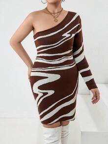 Calvaya 大碼圖形圖案單肩毛衣洋裝 - 棕色 - 查看 4