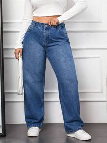 EURMUSE Jeans de cintura alta y pierna recta para tallas grandes - Azul - Ver 3
