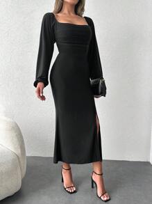 SHEIN Cottnline Square Neck Lantern Sleeve Split Thigh Dress - Black - View 4