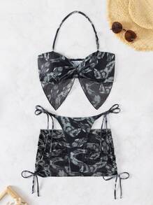 Swim EVENT 夏季海灘蛇紋領口比基尼套裝，附海灘裙 - 彩色 - 查看 3