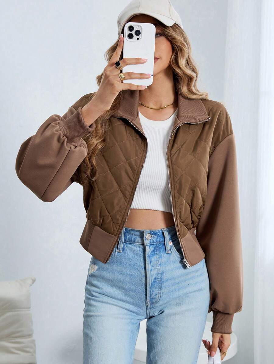 SHEIN Essnce 落肩袖拉鏈開襟絎縫外套 - 咖啡棕 - 查看 1