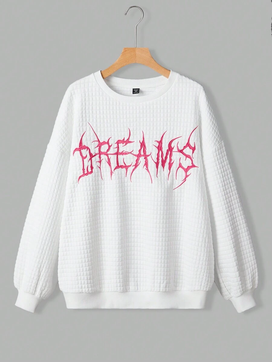 SHEIN EZwear 大碼字母圖案落肩袖運動衫 - 白色 - 查看 1