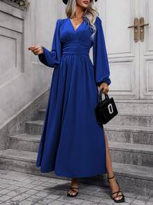 EMERY ROSE Lantern Sleeve Ruched Waist Split Thigh Dress Maxi Women Outfit Fall Cloth For Women - Blue - View 6