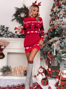 Chiquease Christmas Pattern Sweater Dress - Red - View 3