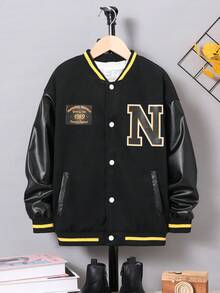 男大童1入組字母貼布條紋飾邊落肩袖花呢外套 - 黑色 - 查看 6