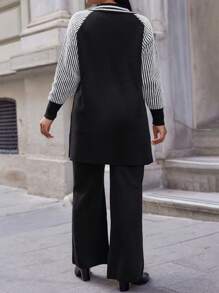 RueChic Plus Striped Pattern Raglan Sleeve Sweater & Knit Pants - Black and White - View 2