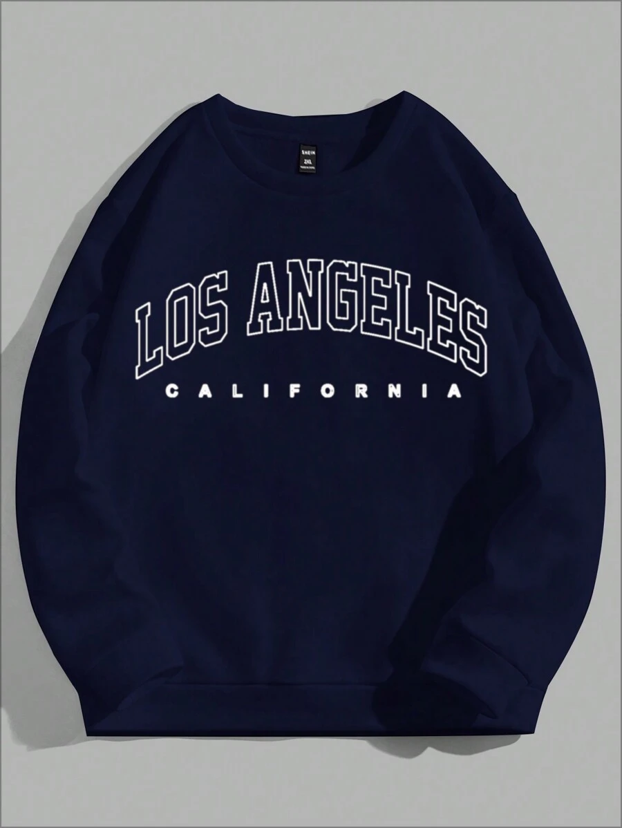 EURMUSE Men Letter Graphic Drop Shoulder Sweatshirt - Navy Blue - View 1