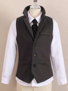Tween Boy Solid Button Front Waistcoat & Shirt - Grey - View 1