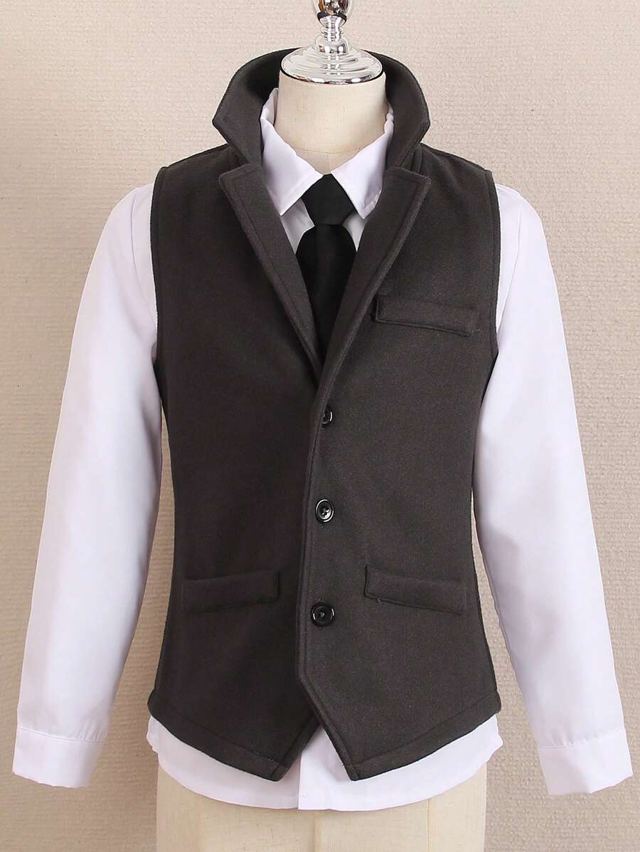 Tween Boy Solid Button Front Waistcoat & Shirt - Grey - View 1