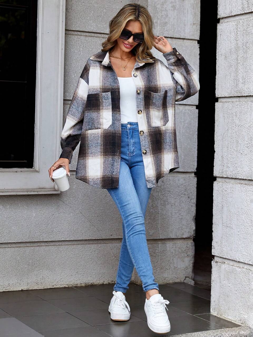 Plaid Print Drop Shoulder Pocket Patched Overcoat