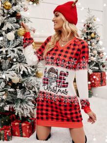 SHEIN LUNE Christmas Print Raglan Sleeve Dress For New Year Clothes
