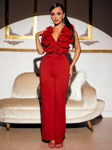 SHEIN SXY Plunging Neck Ruffle Trim Jumpsuit - Red - View 6