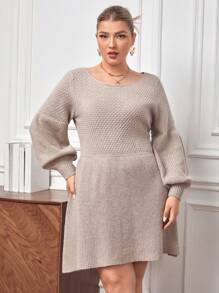 SHEIN Privé Plus Lantern Sleeve Sweater Dress - Khaki - View 5