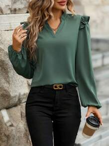 SHEIN LUNE Đường viền cổ có rãnh Viền Ruffle Tay áo lồng đèn Áo sơ mi - xanh quân đội - Xem 4