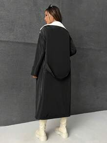 SHEIN EZwear 西裝領毛絨內襯PU皮革外套 - 黑色 - 查看 2